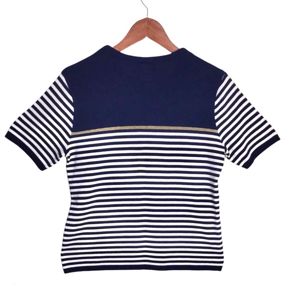 Vintage Southern Lady White & Blue Nautical Anchor Stripe Short Sleeve Knit Top - Picture 2 of 7